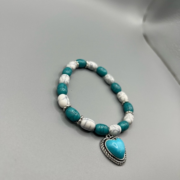 Turquoise and White Heart Charm Bracelet - Handmade #B0354T - Picture 3 of 3